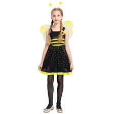 Girls Honey Bumble Bee Costume Dress Headpiece Cuffs Halloween Party Cosplay