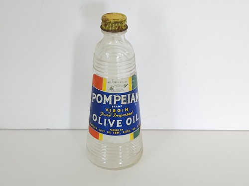 Vintage Pompeian Olive Oil Glass Bottle With Label Lid