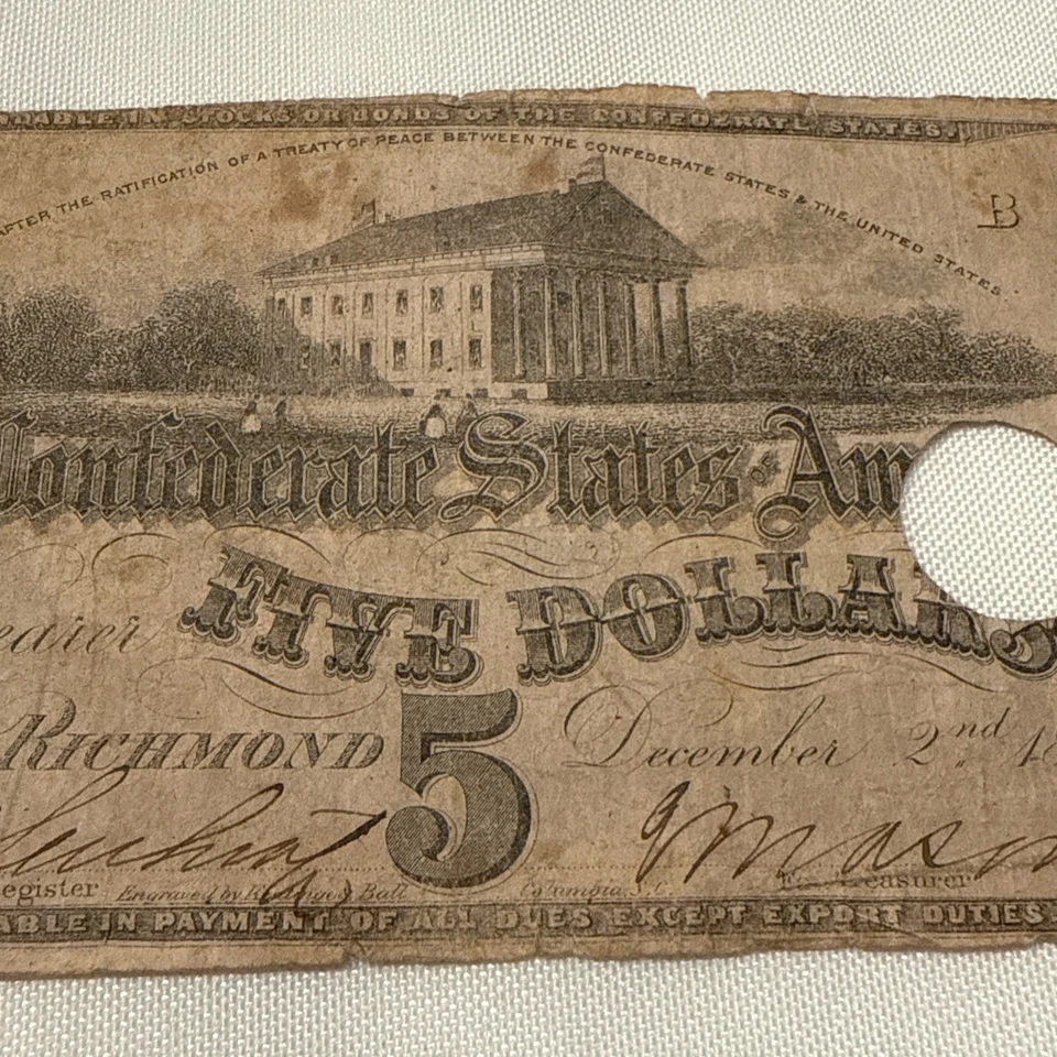 1862 $5 DOLLAR BILL, THE CONFEDERATE STATES OF AMERICA Richmond  - Image 3 of 4
