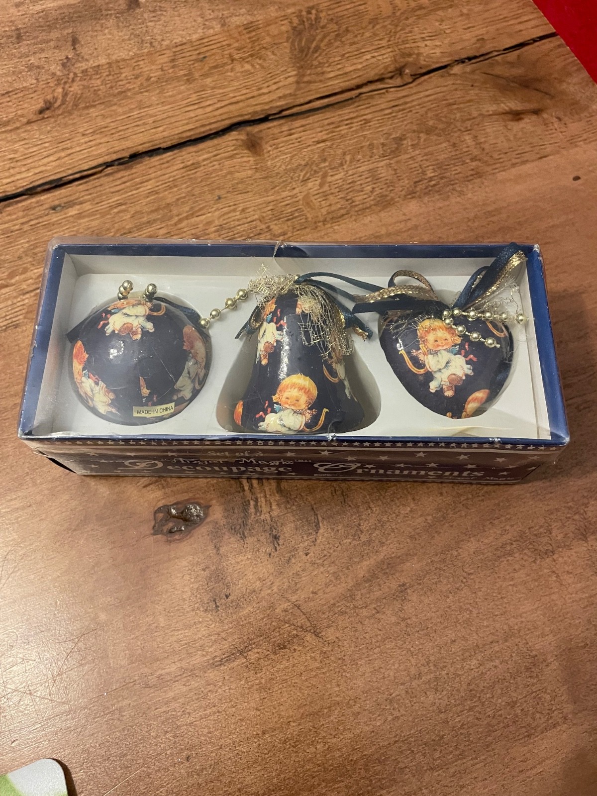 3 vintage decoupage victorian angel Christmas ornaments, blue in box