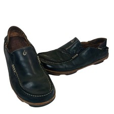 OluKai Moloa Black Leather Slip-On Loafers Men's 11 Comfort Boat Shoes Broken In
