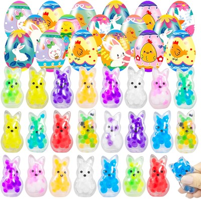 24 Pack Prefilled Easter Eggs with Squishy Bunny Toys for Easter Basket Stuffers