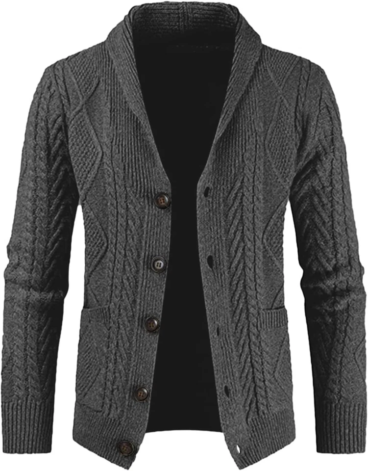Men's Cable Knit Cardigan Sweater Wool Blend Long Sleeve Shawl Collar Casual - Image 3 of 4