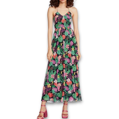 Betsey Johnson Paulina Raven Black Tropical Mesh Halter Maxi Dress Medium NWT
