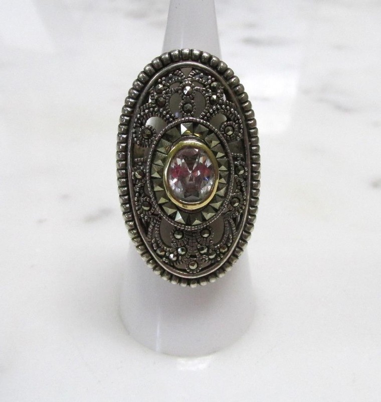 Clear Stone Sterling Silver & 14K Statement Ring w/ Marcasites ~ 12.7g ~ 5-E380