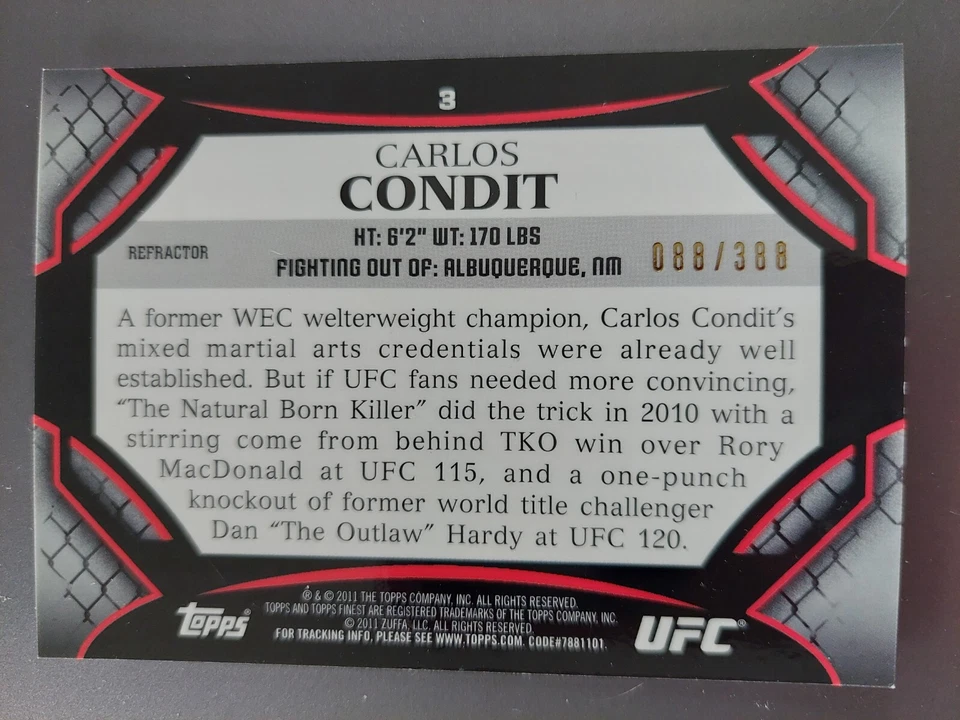 Carlos Condit #3 2011 Topps UFC Finest X-Refractor #088/388 - Image 2 of 2