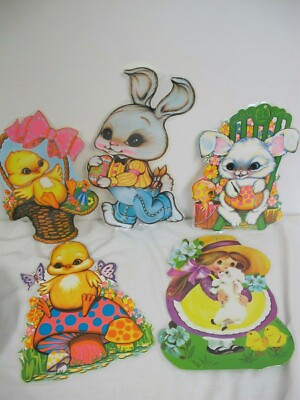 VINTAGE EASTER  DIECUTS (5) BEISTLE  BUNNY RABBITS CHICKS EUREKA GIRL LAMB 