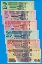 Zimbabwe Set 6 UNC, 2 5 10 20 50 100 Dollars 2019 2020 P-101 102 103 104 105 106