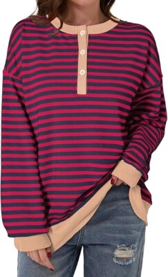 Dokotoo Womens Casual Crewneck Color Block Striped Oversized