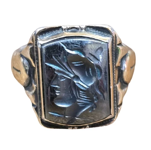 Vintage Ring Sterling & 10k Gold Sz 8 Intaglio Hematite Gladiator Roman Soldier