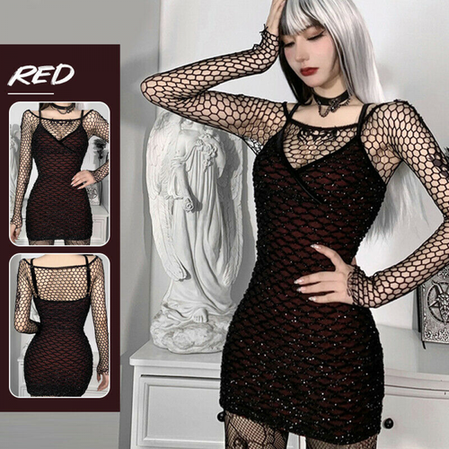 Gothic Sexy Mesh Dress Grunge Bodycon Backless High Waist Mini Tight Sling Dress - Picture 3 of 6