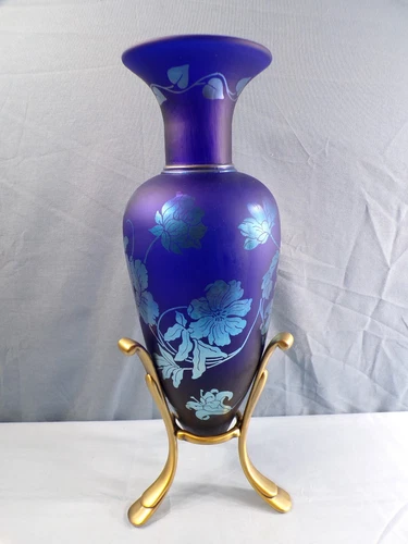 Large Fenton Favrene Glass Sand Carved Amphora Vase - Floral Design