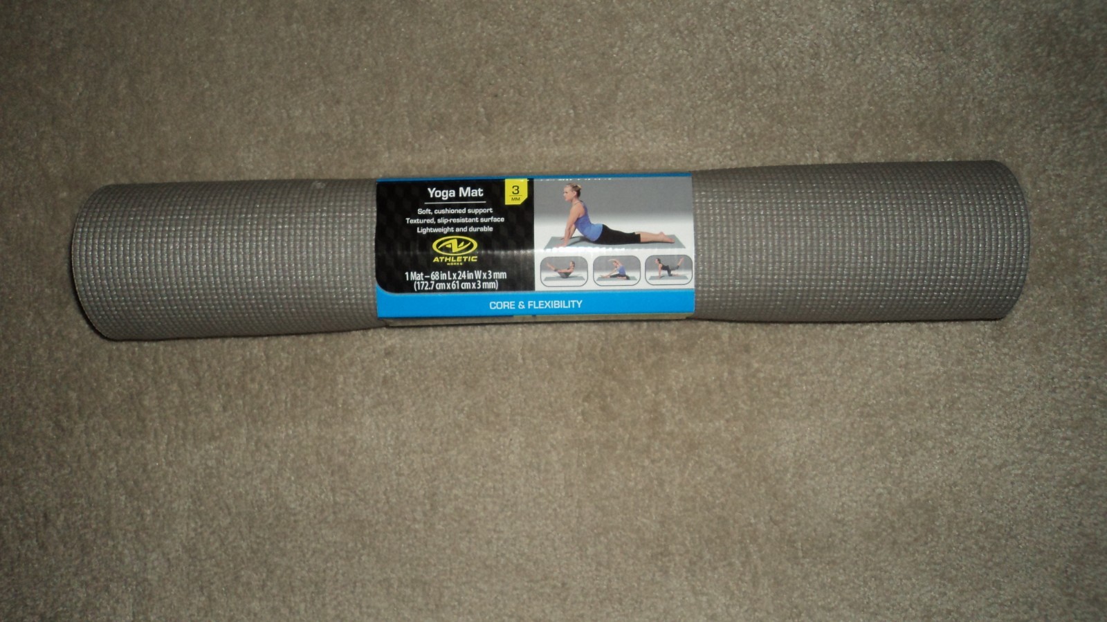 Athletic Works Yoga Mat Steel Gray 68" x 24" x 3mm Soft Cushioned