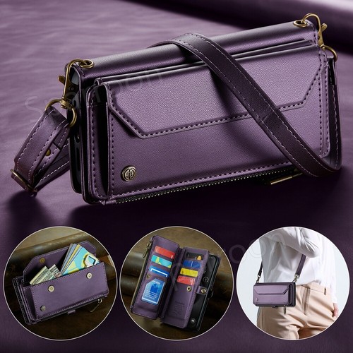 Wallet Case For iPhone 16 15 14 13 12 Pro Max Plus Leather ZIP Bag Strap Cover - Picture 26 of 70