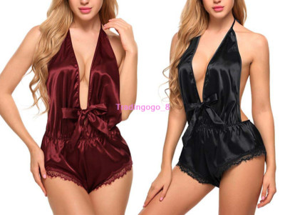 Sexy Womens Lingerie Satin V Neck Backless Sleepwear Babydoll Teddy Bodies S-2XL