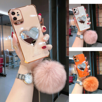 Bling Glitter Diamond Mirror Plush Ball Case For iPhone 12 11 Pro X Max XR 7 8 6