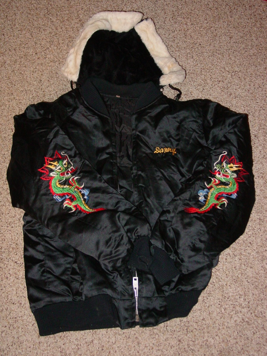 Vintage Korean Souvenir Dragon Embroidered Black Jacket w/Hood