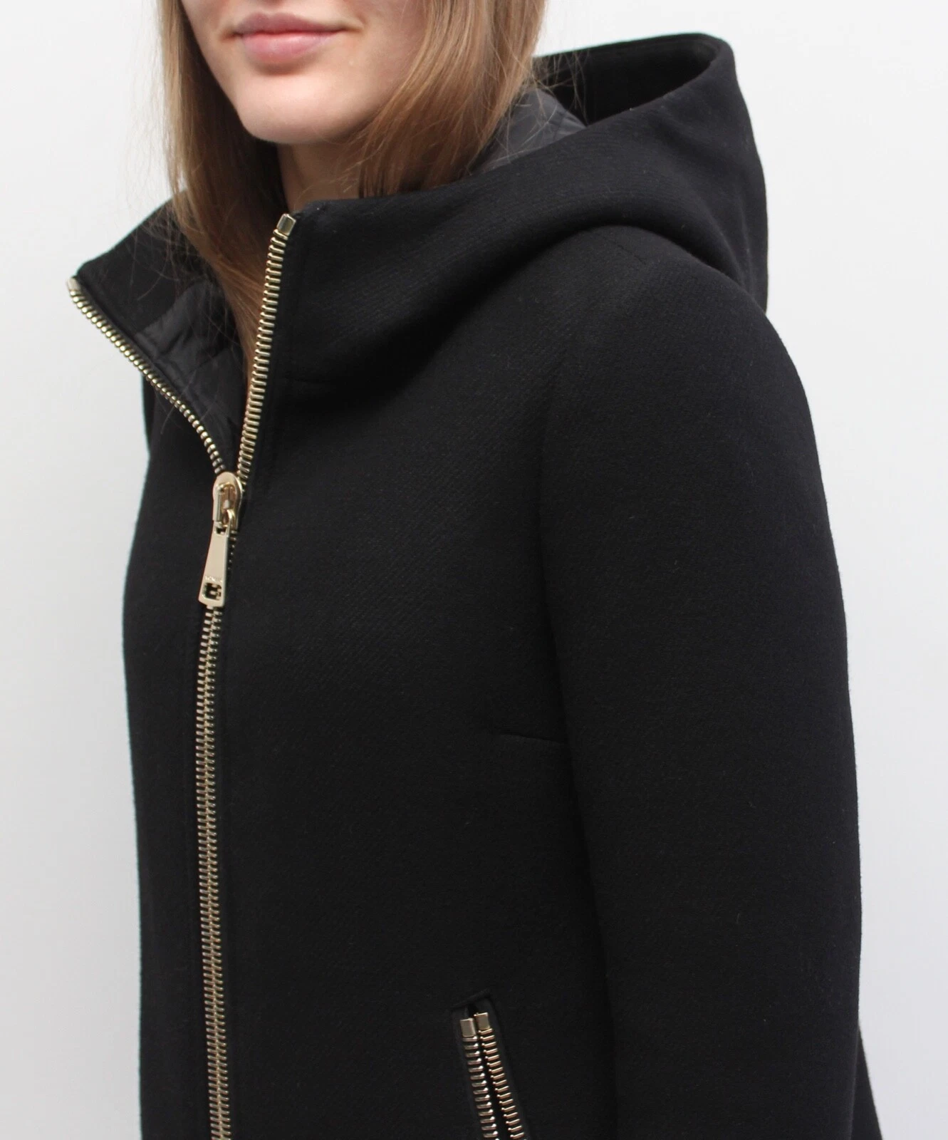 Autentico cappotto giacca piumino lana donna MONCLER Arbu con cappuccio nero 1 S