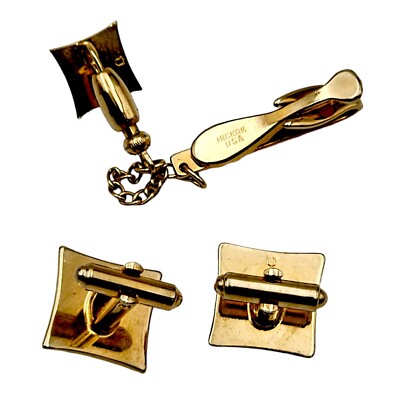 Vintage HICKOK USA Cuff Links & Tie Tack Clip Gold Tone Topaz