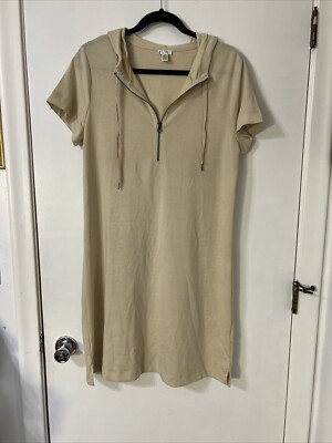 Spense Beige Short Sleeve Hoodie Shirt Dress Front 3/4 Zip Large