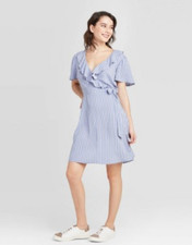 Women's Striped Short Sleeve Ruffle Wrap Dress -Xhilaration -Light Blue -L -S517