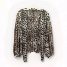 INC International Concepts Sheer Animal Print Blouse Scarf Tie Peasant Sleeves M