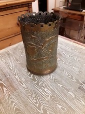 Ancien gros obus gravé travail de poilu tranchée guerre 14/18WW1 Orné de Fleurs 