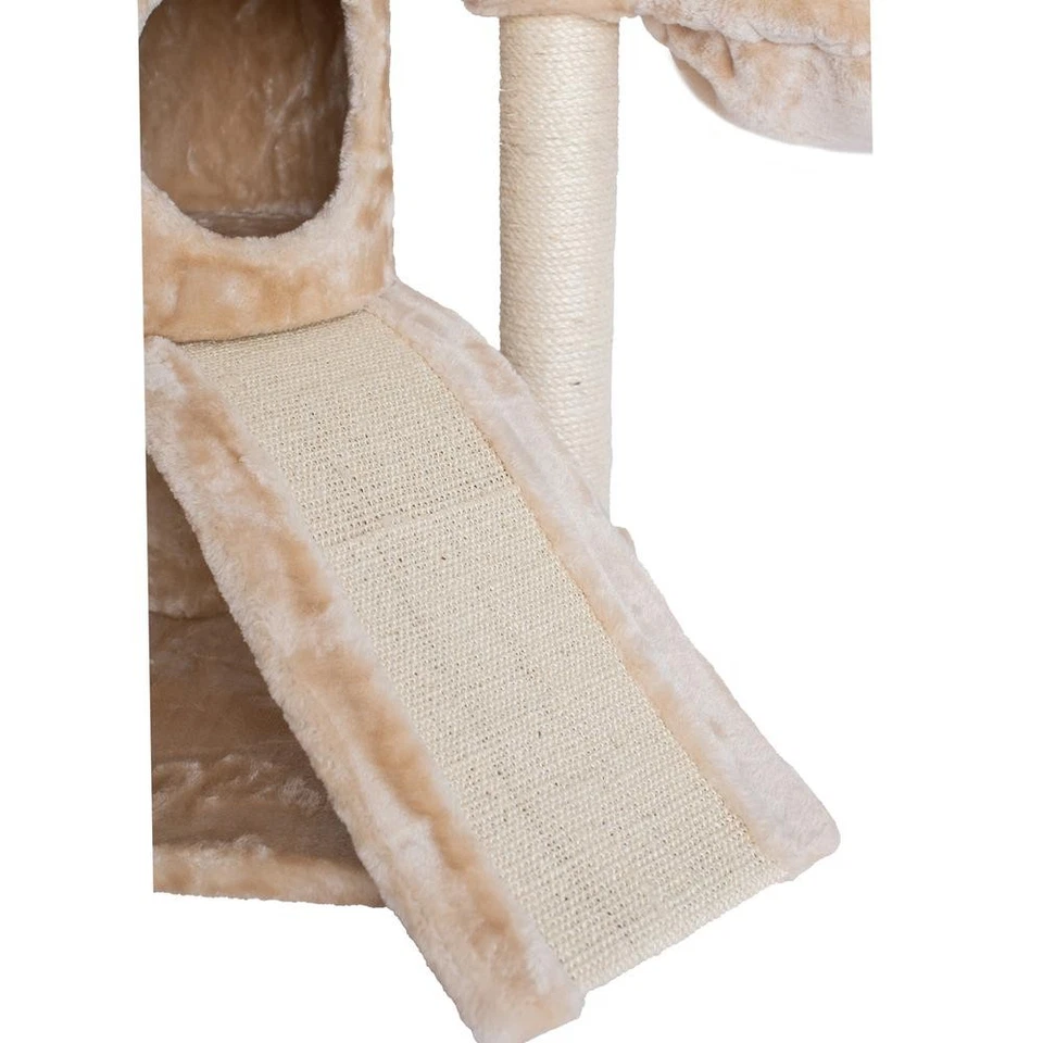 Spacious Thick Fur Real Wood Cat Tower With Basket Lounge, Ramp, Beige - Image 4 of 4