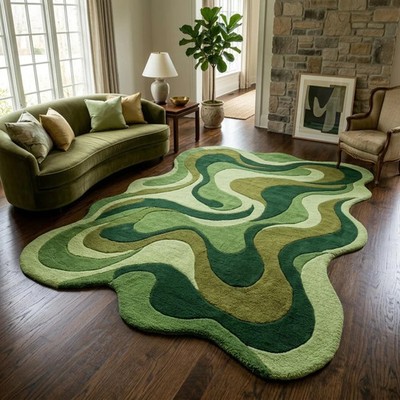 Premium Hand Tufted Abstract Green Swirl Rug - Irregular Shape Organic Decor
