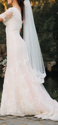 elie saab wedding dress with veil, eyelash lace, train, & blush hue