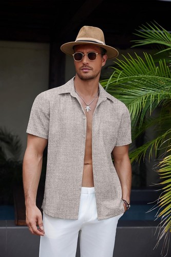 Men's Casual Linen Beach Shirt Button Down Summer Shirt Hawaiian Shirts - Afbeelding 18 van 65