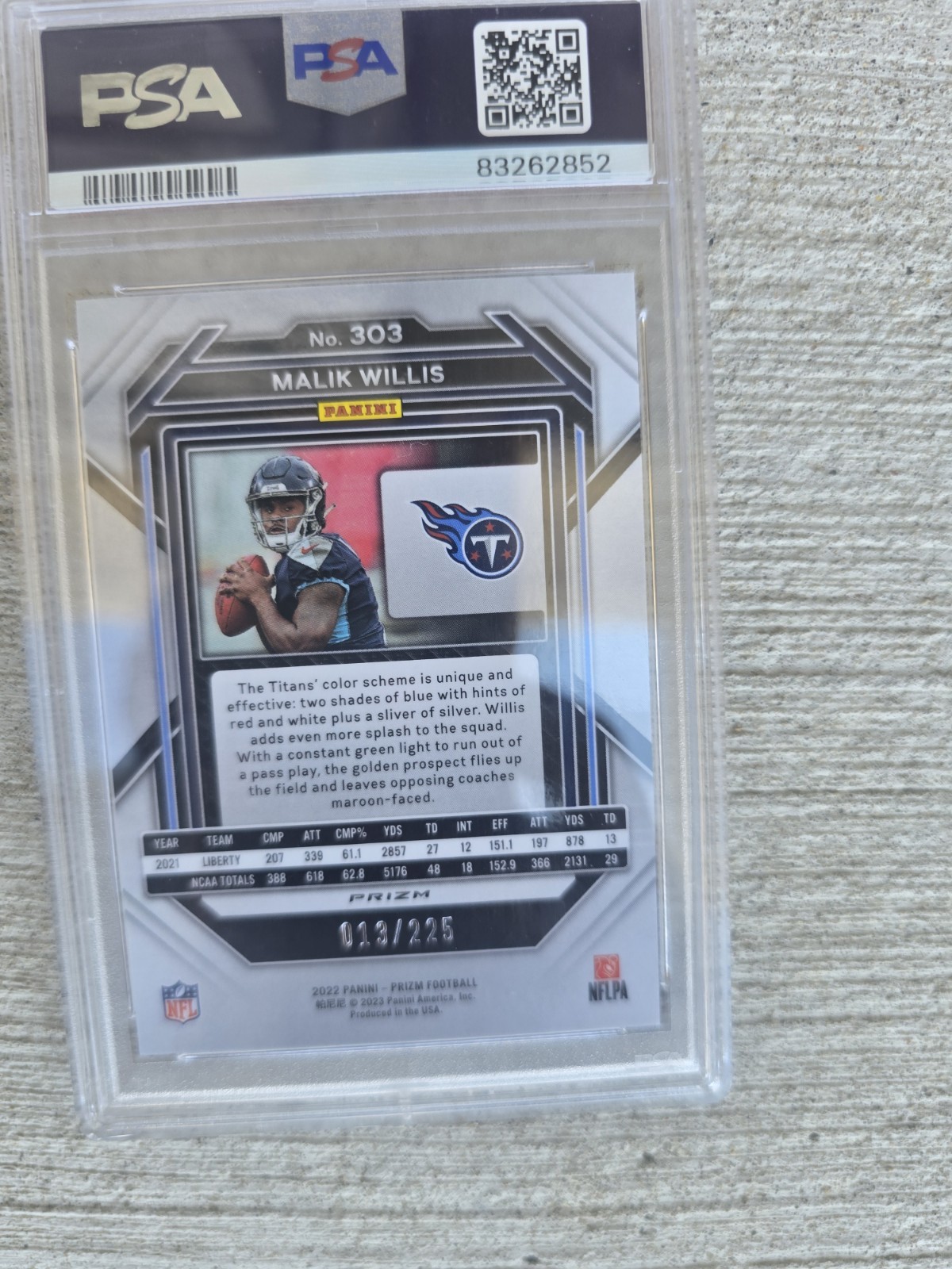 2022 Panini Prizm - PSA 9 - Rookies Malik Willis #303 Purple Ice Prizm /225 (RC) view 2