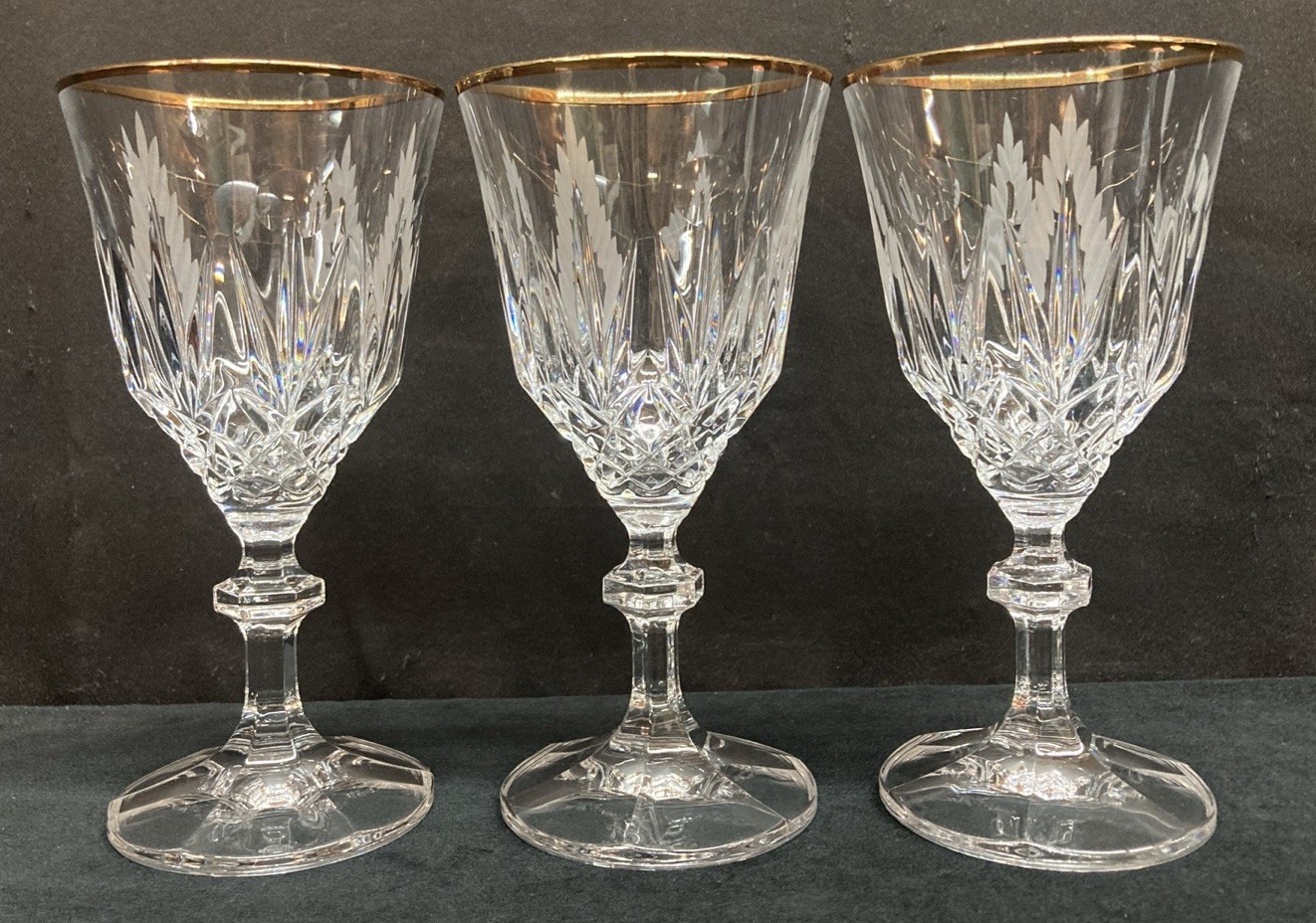 Cut Lead Crystal Wine Glasses w/Gold Trim 8oz Set of 3