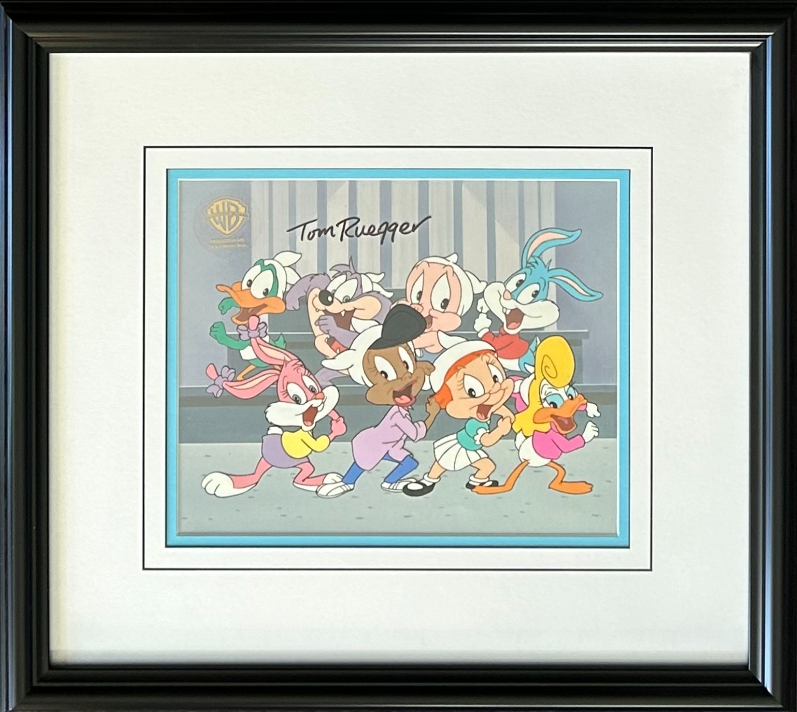 TOM RUEGGER raro TINY TOONS ADVENTURES cel B35 FIRMADO Buster Bunny Bunch ENMARCADO
