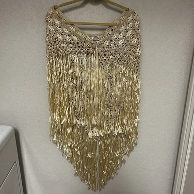 Vintage Handarbeit Elfenbein Seidenband Makramee Klavier Schal Boho 20er Flapper - Bild 1 von 4
