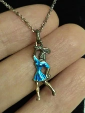 925 Sterling Silver & Blue Enamel Woman Tennis Player Charm Pendant Chain Neckla