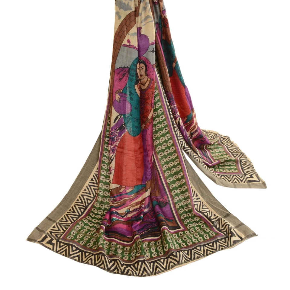 Sanskriti Vintage Dupatta Long Stole Blend Silk Hijab Printed Soft Scarves - Image 2 of 4