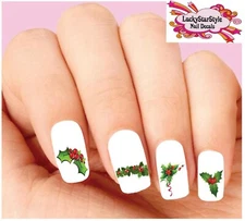 Waterslide Holiday Nail Decals Set of 20 - Christmas Holly with Berries Assorted