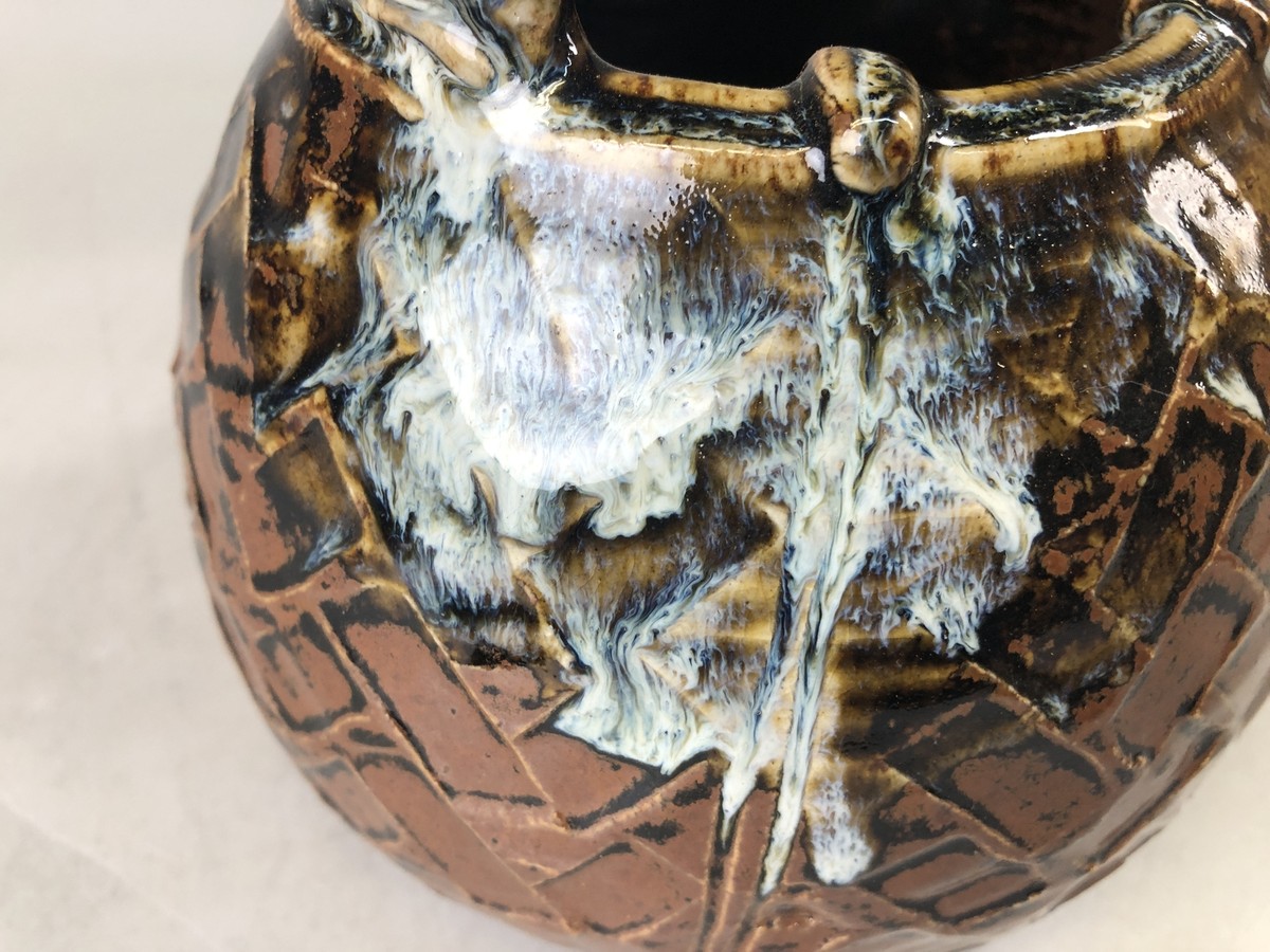 Y7509 FLOWER VASE Kyo-ware signed box Japan ikebana flower