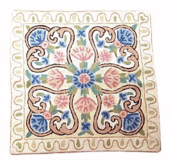 Hand Embroidered Throw Pillow Cushion Cover Wool on Cotton 16" Square