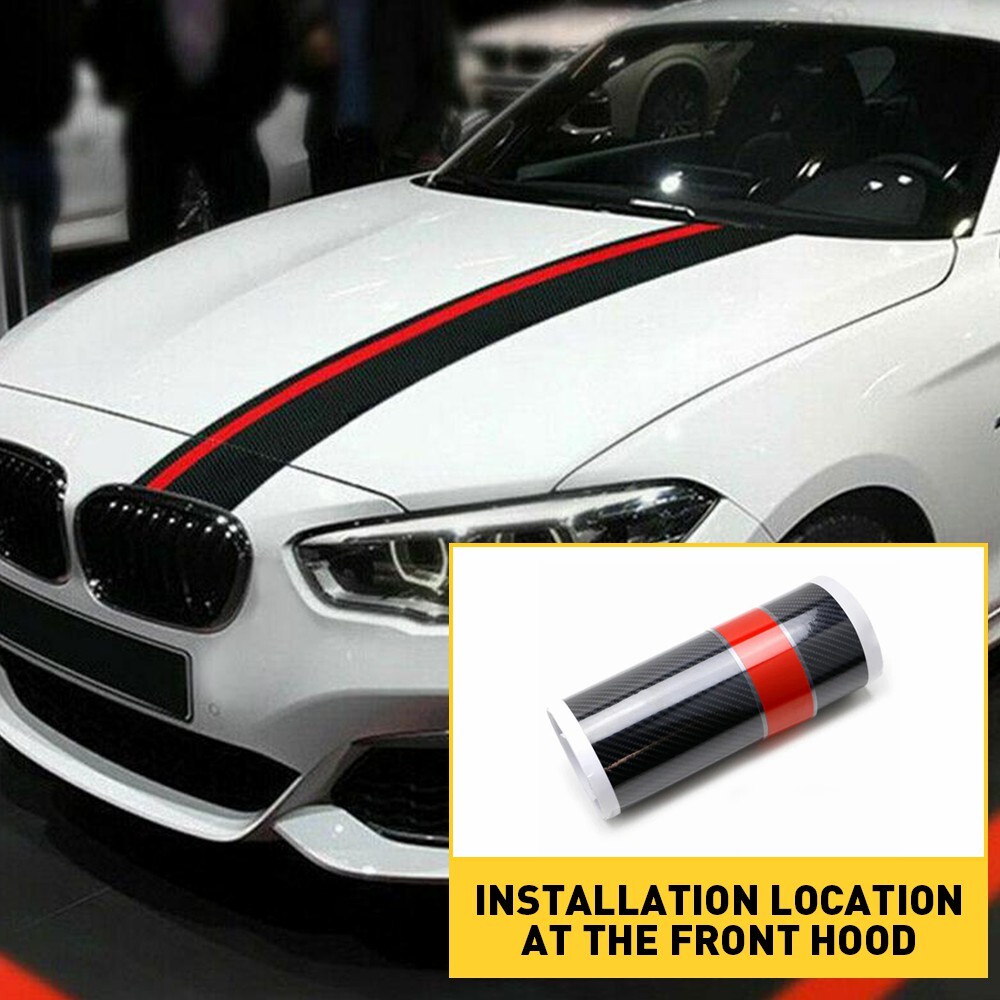 Car Rally Stripes Racing Front Hood 5D Fiber + Carbon red Decal Wrap Sticker