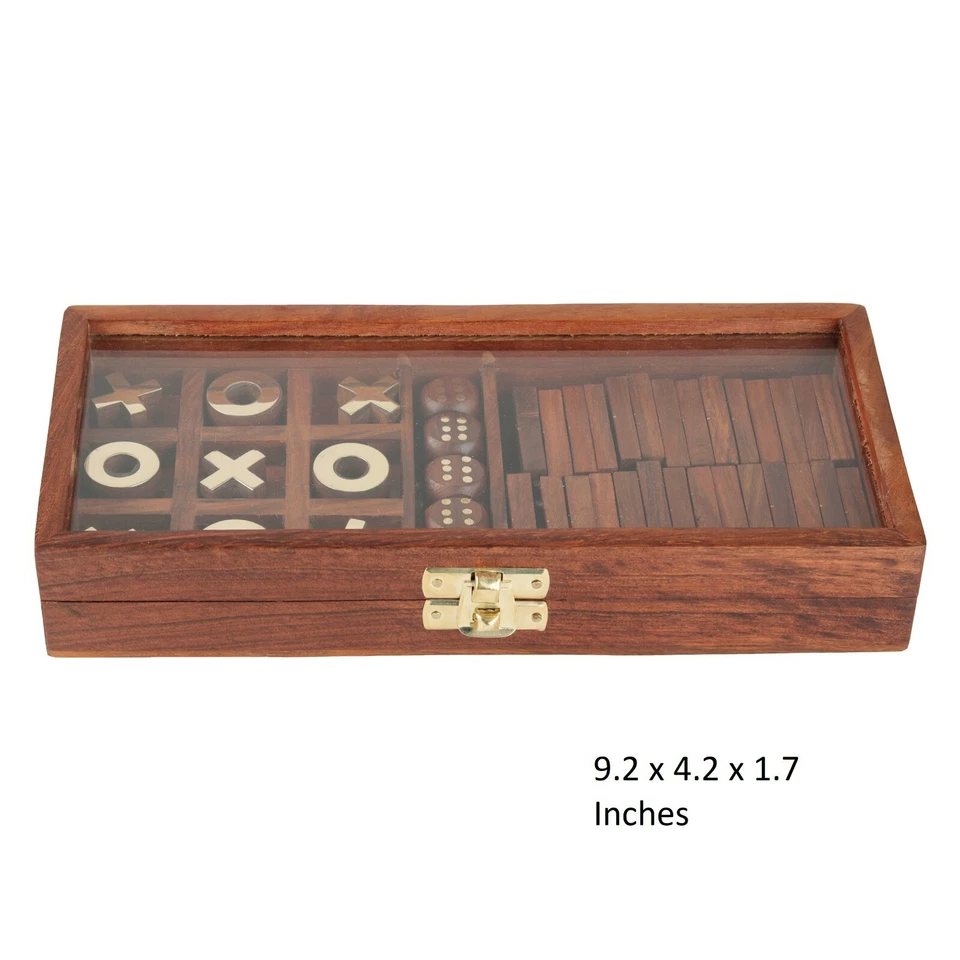 Wooden 3-in-1 Parlour Game Set 28 Dominoes Tic-Tac-Toe Tokens & Dice brain IQ - Image 4 of 4