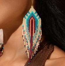 Long Seed Beads Beaded Earrings Handmade Native American Style Drop Dangle