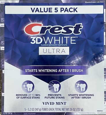 Crest 3D White Ultra Whitening Toothpaste - Vivid Mint Flavor - 5.2oz 5-Pack