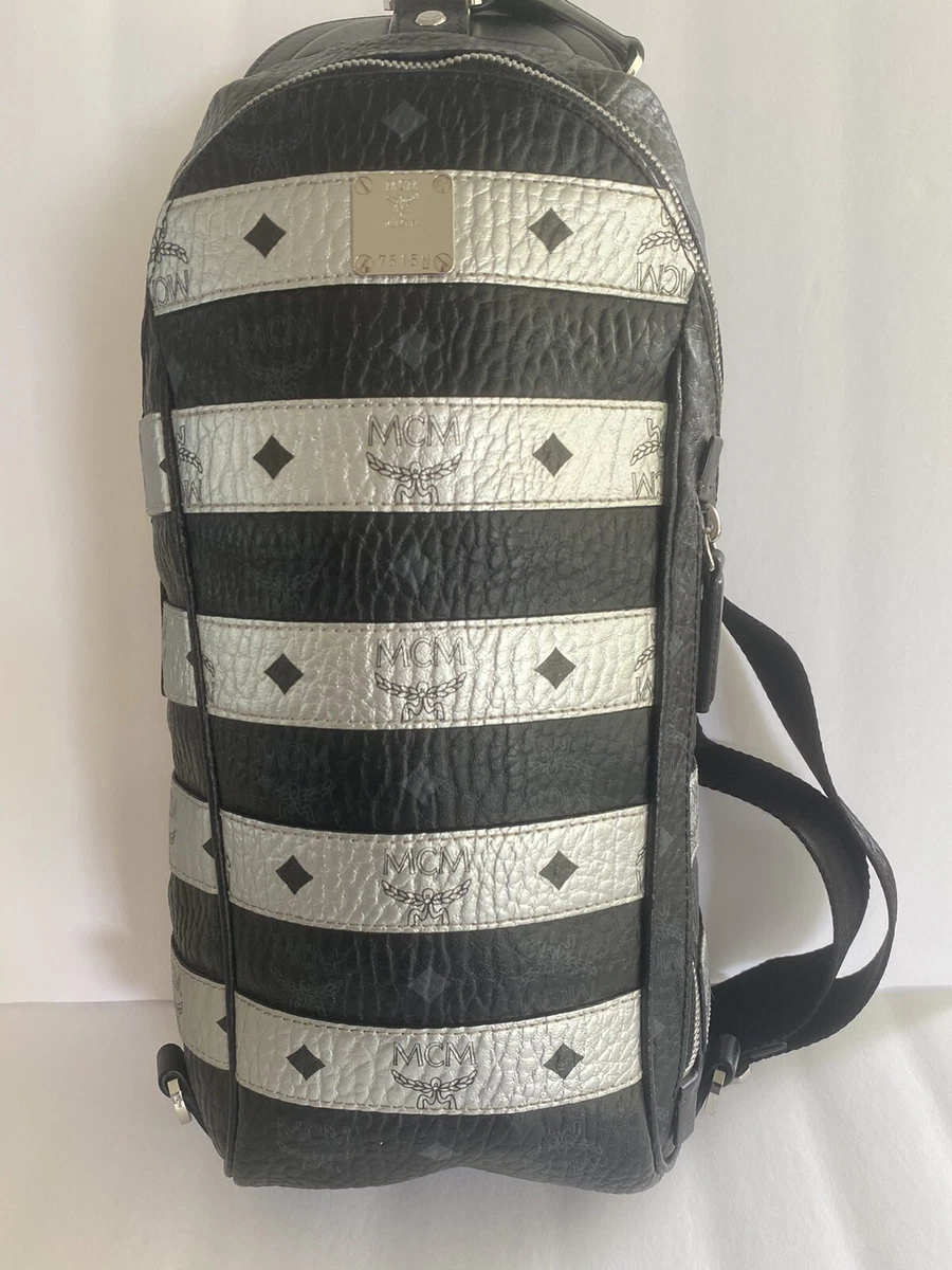 MCM Visetos Striped Medium Sling Backpack Bag Black Silver Men Women Orig  $1075