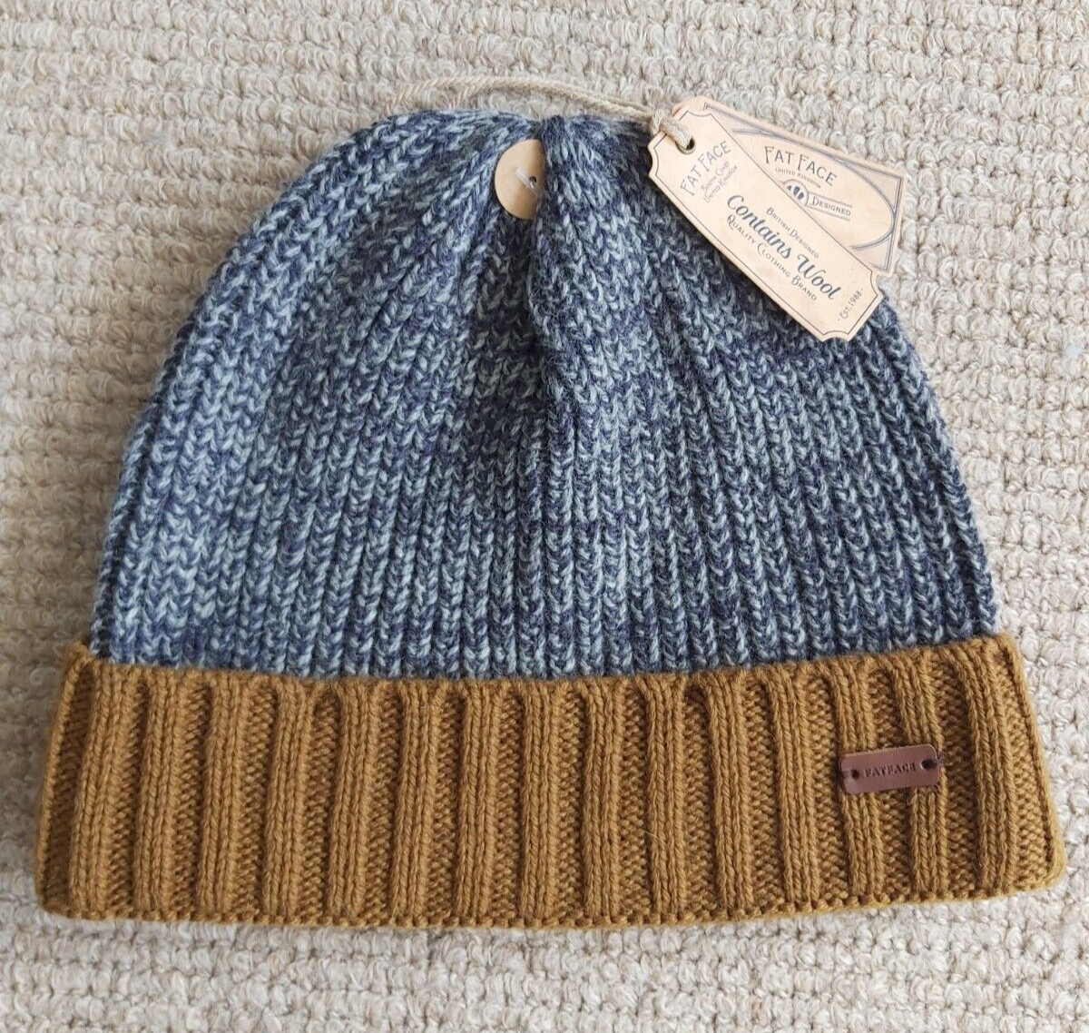 FAT FACE Grey Mustard Knit 40% Wool Cuff BEANIE Cuff Hat Tags OSFA Adult  FFBOX