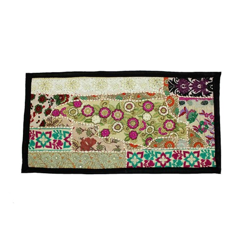 Tapisserie Indienne Patchwork Brodée Main - Vintage, Paillettes, 39x58 Pouces