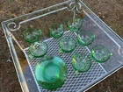 Set 7 Green Elegant Depression Glass Cups & Saucers Uranium Glass 1930's MINTY