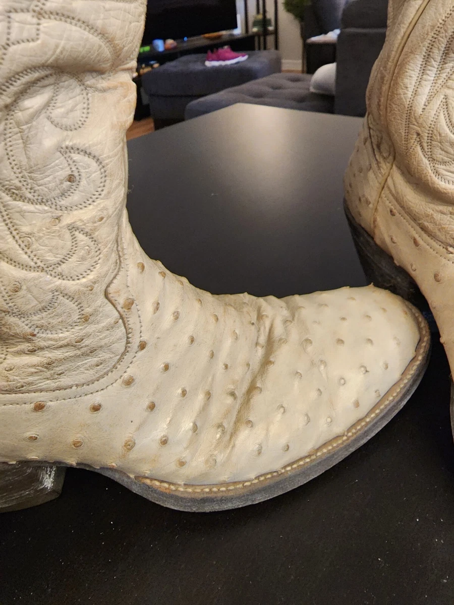 Vintage Full Quill Ostrich Leather Mens Cowboy Boots Size 8 Catspaw Heel Cream