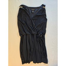 White House Black Market Black Matte Jersey Faux Wrap Dress Gold Accents Size 8